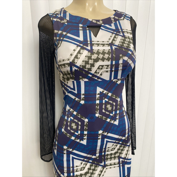Karen Millen Dress Sheath Round Neck Mesh Sleeve Blue Purple Geometric 4 S - Picture 3 of 9